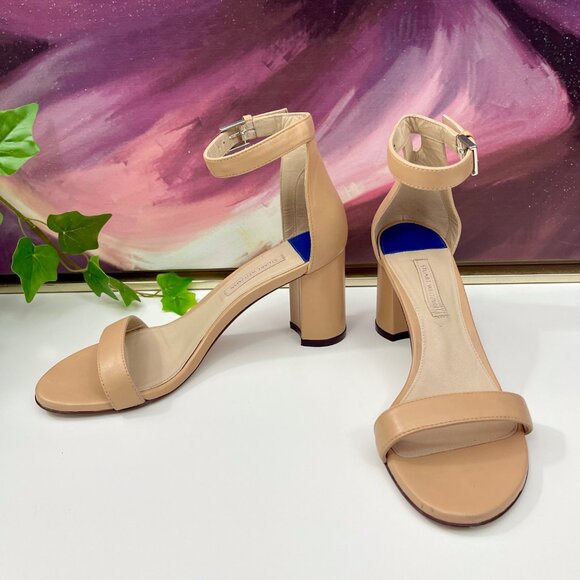 Stuart Weitzman 75 LessNudist Leather Ankle Strap Block Heel Sandals in Beige‎ 6 - Picture 9 of 13
